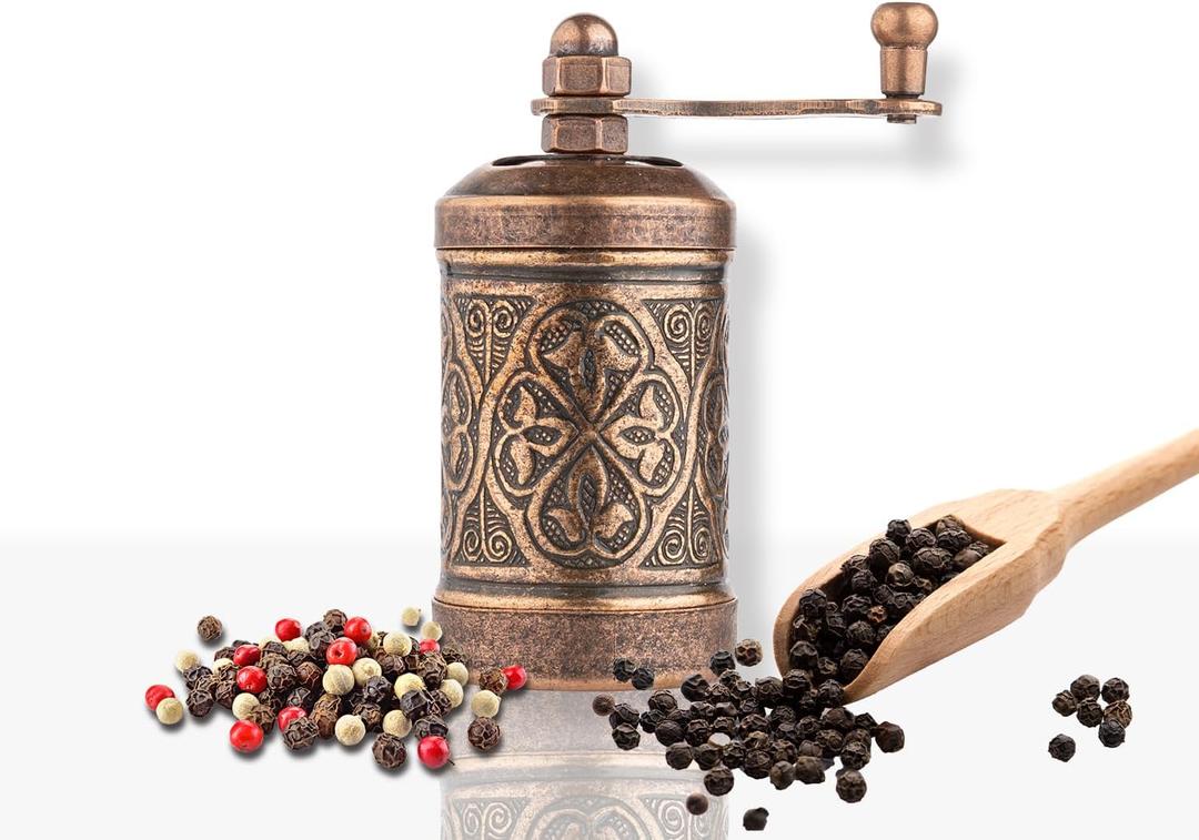 Decorative Handmade Black Pepper Grinder, Refillable Turkish Spice Mill with Adjustable Coarseness, Manual Pepper Mill with Handle, Spice Grinder with Hand Crank 8 cm-3.1 inch (Bronze)