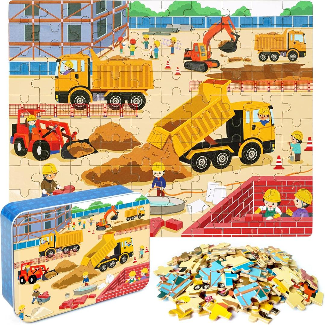 LELEMON 100 Pieces Jigsaw Puzzles in a Metal Box for Kids Age for 4-8 Boys Girls Toy Puzzles Construction Site Vehicles Children Learning Educational Puzzles Toys