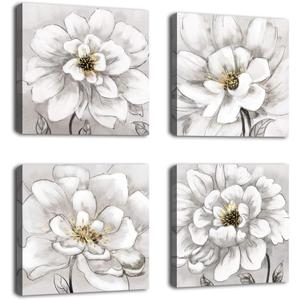 Flowers Wall Art Bathroom Wall Decor Abstract Botanical Picture Contemporary Wall Art Prints Bedroom Living Room Kitchen Office Home Decor Modern White Flower Canvas Artwork 12" x 12" x 4 Pieces