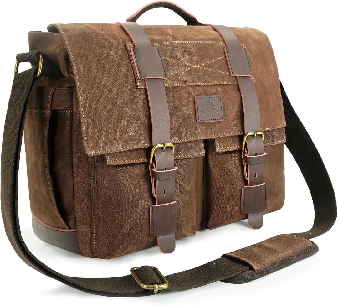 Messenger Bag for Men, 15.6 Inch Laptop Bag, Water-resistant Waxed Canvas Messenger Bag, Vintage Computer Satchel Briefcase for School Work Travel (Vintage Brown)