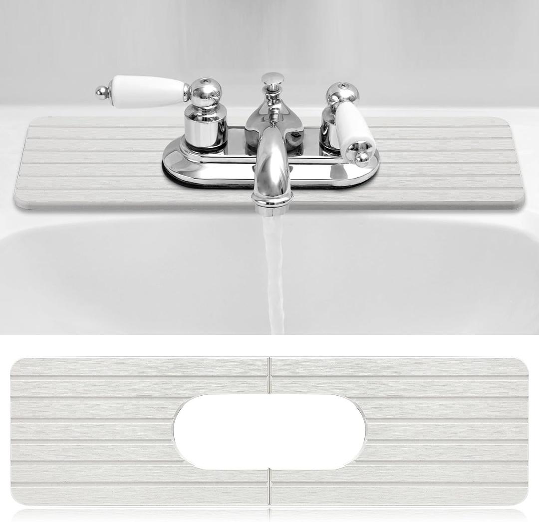 an Oval Hole Faucet Mat for Kitchen Sink 17.32" x 5" Kitchen Faucet Absorbent Mat Diatomite Splash Guard for Sink Quick Drying Stone Drip Catcher for Bathroom Counter (White)
