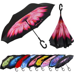 MRTLLOA 40/49/56 Inch Oversize Windproof Inverted Reverse Upside Down Umbrella, Golf Size Rain Umbrella, Double Layer, C-Shaped Handle for Men, Women and Kids