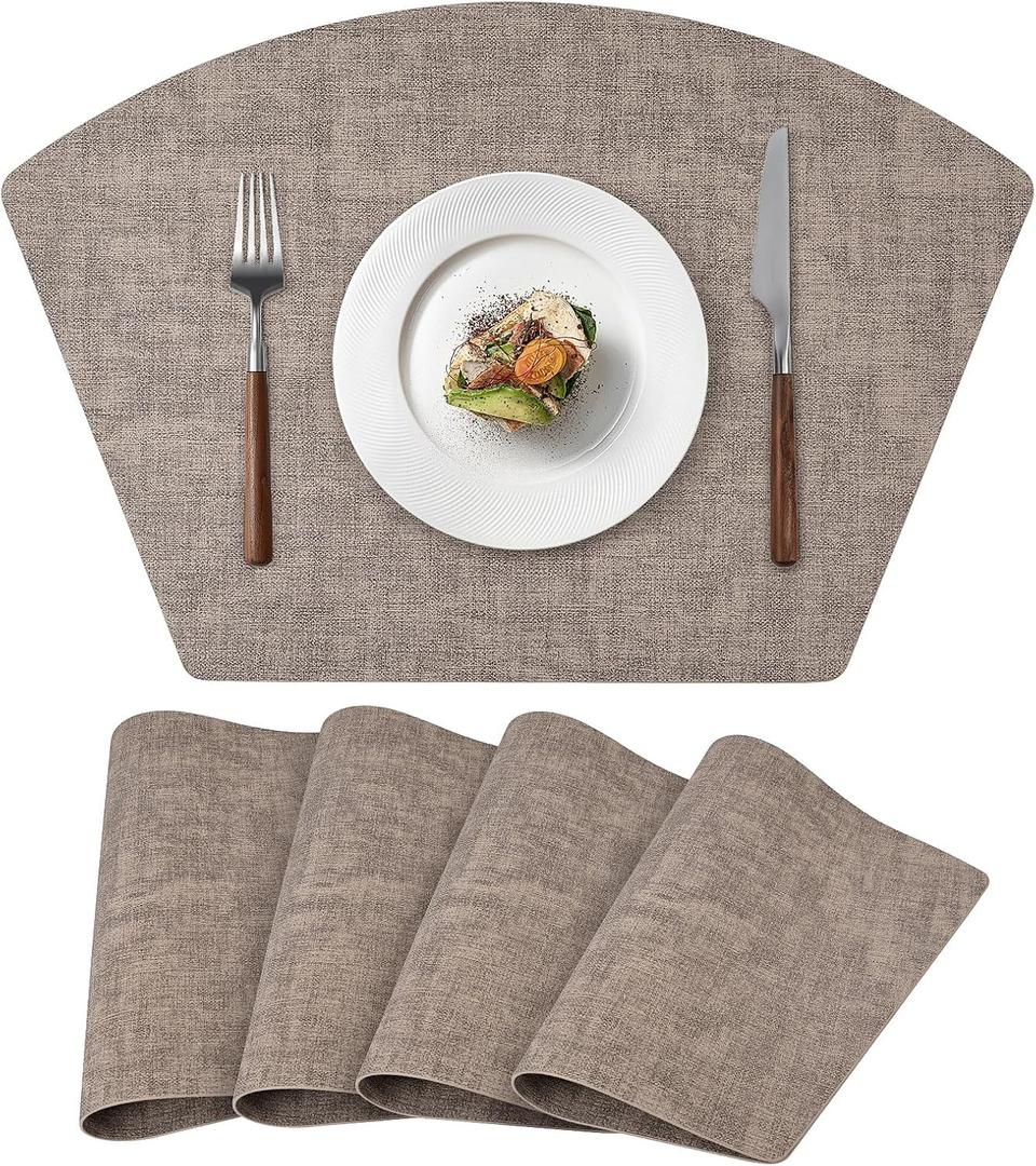 Round Table Placemats Set of 4, Faux Leather Wedge Shape Place Mats Heat Resistant Wipeable Washable Table Mats for Dining Outdoor Indoor, Camel