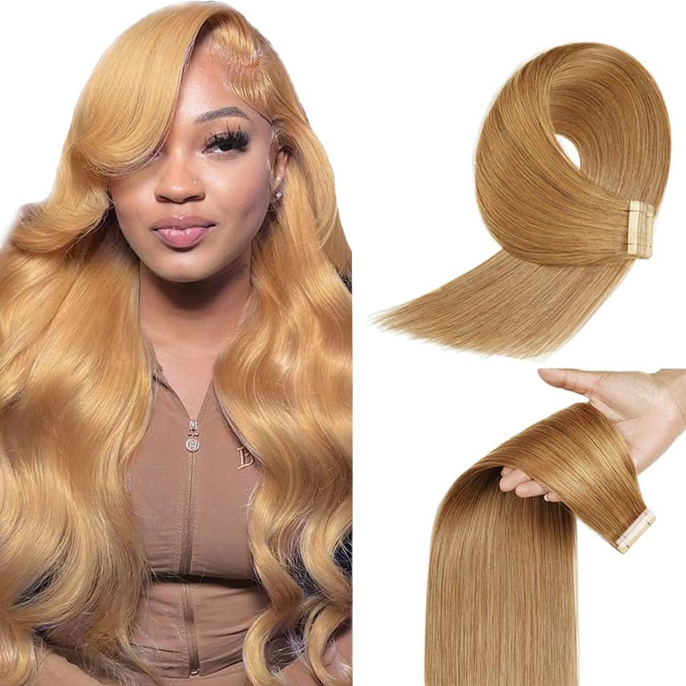 #27 Blonde Tape in Hair Extensions Human Hair,Honey Blonde Straight Remy Human Hair Extensions,22 Inch 45g 10 Pcs,Skin Weft Seamless Invisible, Silky Straight with Thick Ends, Remy Human Hair