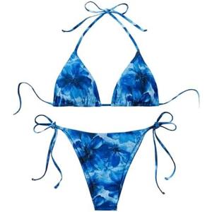 BEAUDRM Women's 2 Piece Bikini Set Bathing Suit Floral Tie Halter Triangle High Cut Thong Ring Swimsuit Size Small