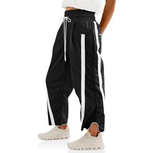 Fisoew Women's Baggy Wide Leg Pants Casual Drawstring Elastic Waisted Contrast Color Workout Y2K Track Pants (Black)