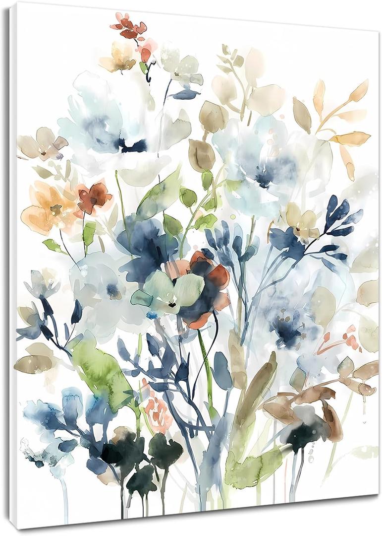 EOBTAIN Vintage Floral Wall Art Blue Watercolor Wildflower with Green Leaf Nature Plant Framed Picture Rustic Botanical Painting Artwork Print Decor for Bedroom Living Room 16x24 Inches