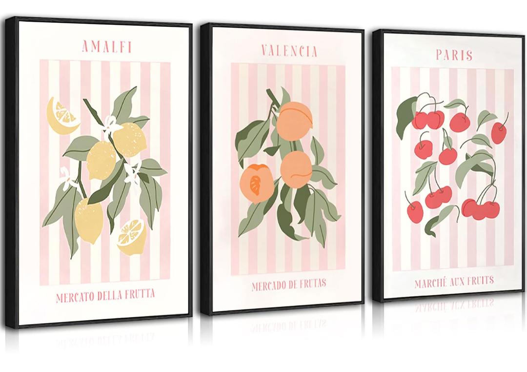 3Pcs Fruit Market Wall Art Kitchen Fruit Canvas Poster Print Lemon Orange Cherry Painting Funky Kitchen Artwork Picture Wall Decor for Dining Room Living Room 16x24in Unframed