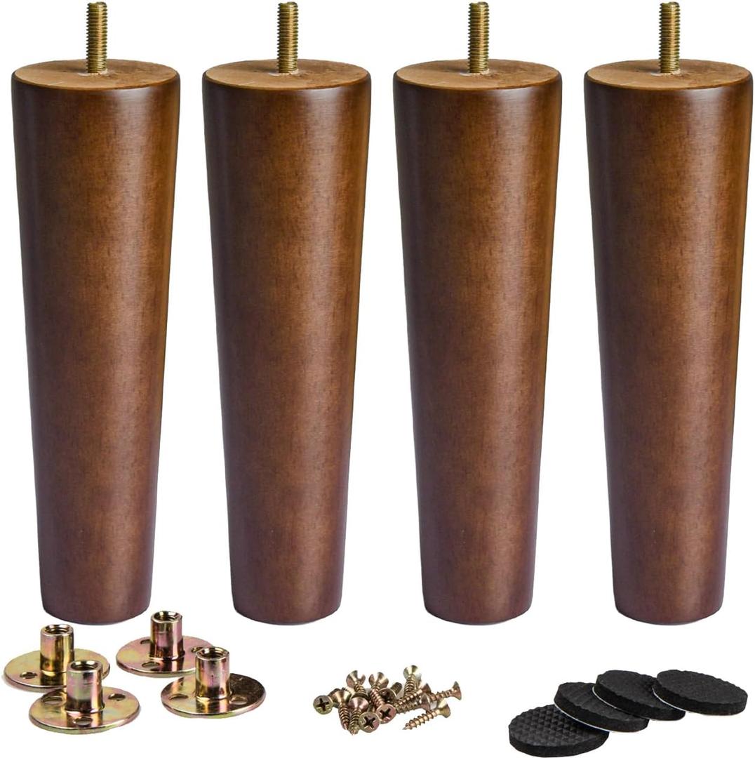 La Vane 6 inch Solid Wood Furniture Legs (15cm) - Walnut Finish Tapered Replacement Feet with 5/16 inch Thread & Mounting Plates - Set of 4 for Sofa, Couch, Cabinet, Ottoman