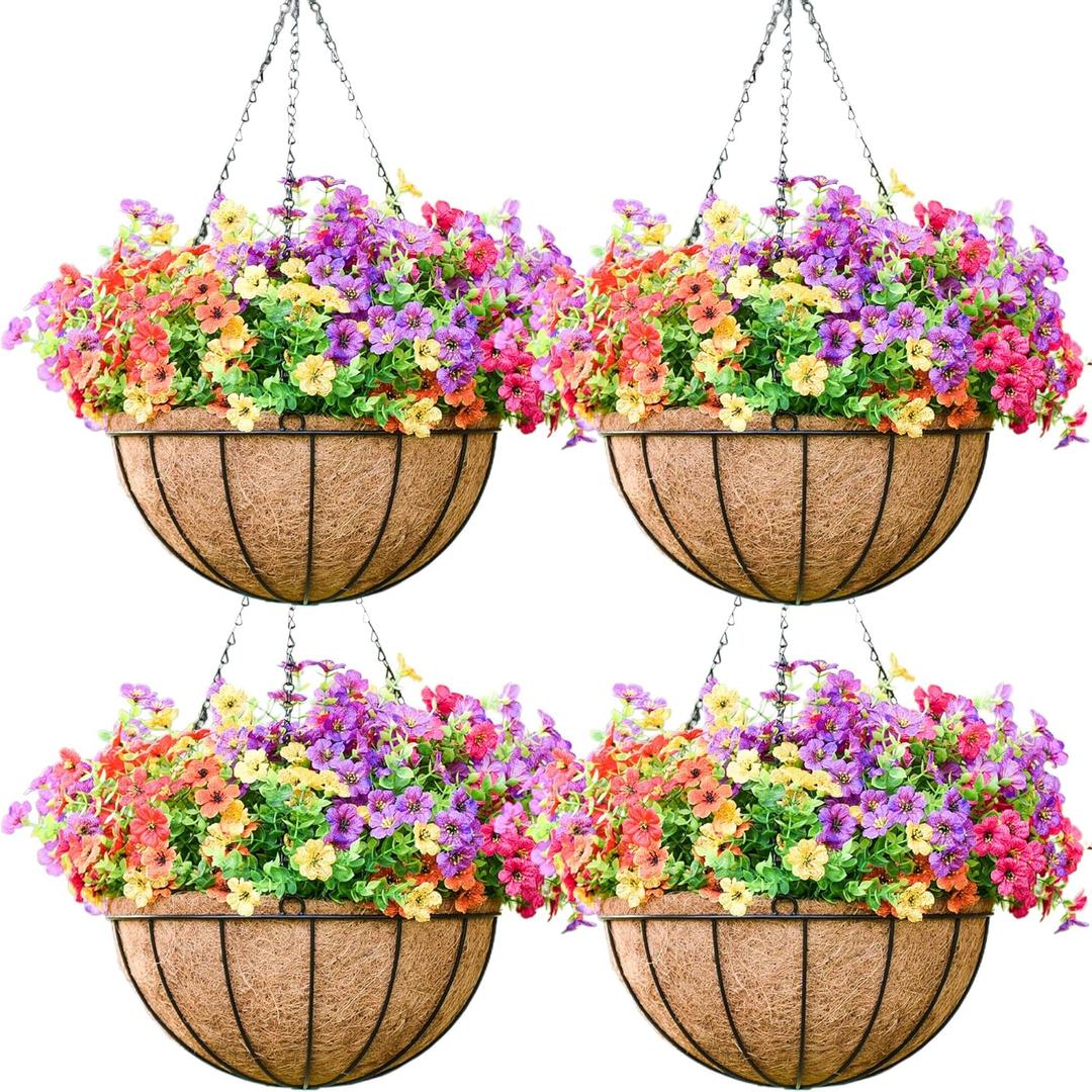 4 Pack 16 Inch Metal Hanging Planter BasketNatural Round Coconut Hanging Plant Flower PotCoconut Coir Planter for Hanging Basket Flowers/Vegetables Home Garden Patio Decoration Watermelon