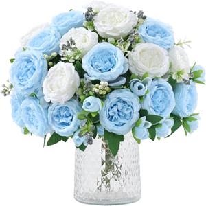 MARTINE MALL 2 Packs Peonies Artificial Flowers, Mixed White Blue Artificial Peonies, Silk Peonies Flowers Fake Peonies Artificial Peony Flowers for Centerpiece Table Wedding Party Home Decor