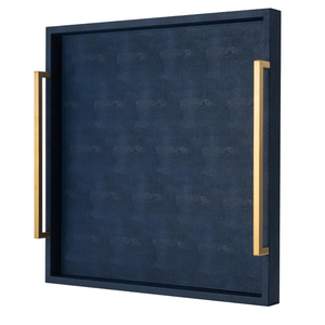 Large Navy Blue Decorative Tray for Ottoman,Stylish Rectangle Coffee Table Tray with Handles,Versatile Serving Tray for Living Room and Home Decor