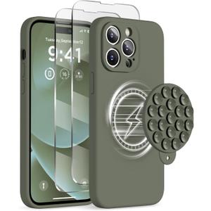 Magnetic for iPhone 14 Pro Max Case, Compatible with MagSafe, [Full Camera Protection][2 Screen Protectors], Suction Cup Phone Mount Silicone Shockproof Protective Phone Case 6.7", Olive Green