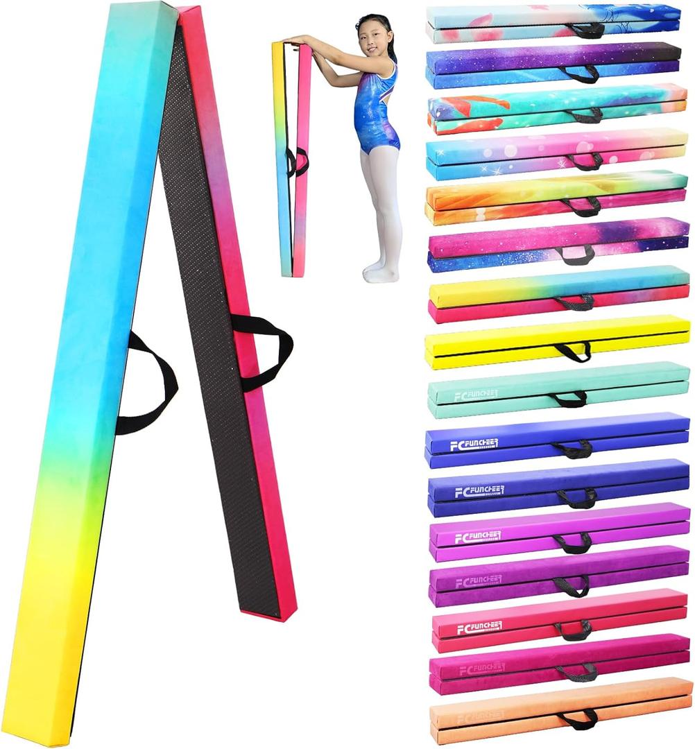 8FT Folding Balance Beam -Gymnastics Floor Beam -Gymnastics Equipment for Kids,Wood core- Anti-Slip Bottom and Carrying Bag for Home (Gradient Rainbow)