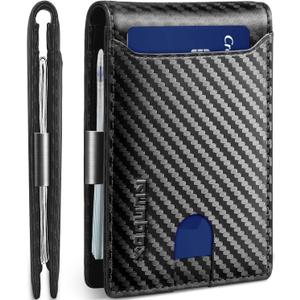 RUNBOX Slim Wallets for Men - Leather Money Clip Mens Wallet - RFID Blocking Front Pocket Bifold Wallet - Thin Credit Card Holder with Gift Box (Carbon Black)