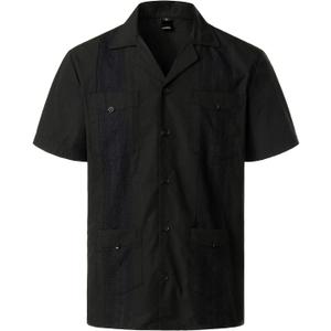 VATPAVE Mens Short Sleeve Button Down Cuban Guayabera Shirts (Black, XL)