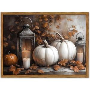 Framed Vintage Fall Pumpkin Canvas Wall Art, Rustic Farmhouse Autumn Paintings Wall Decor, Thanksgiving Pumpkins Pictures Prints Aesthetic Home Decor for Living Room Kitchen Office 16×24 inch