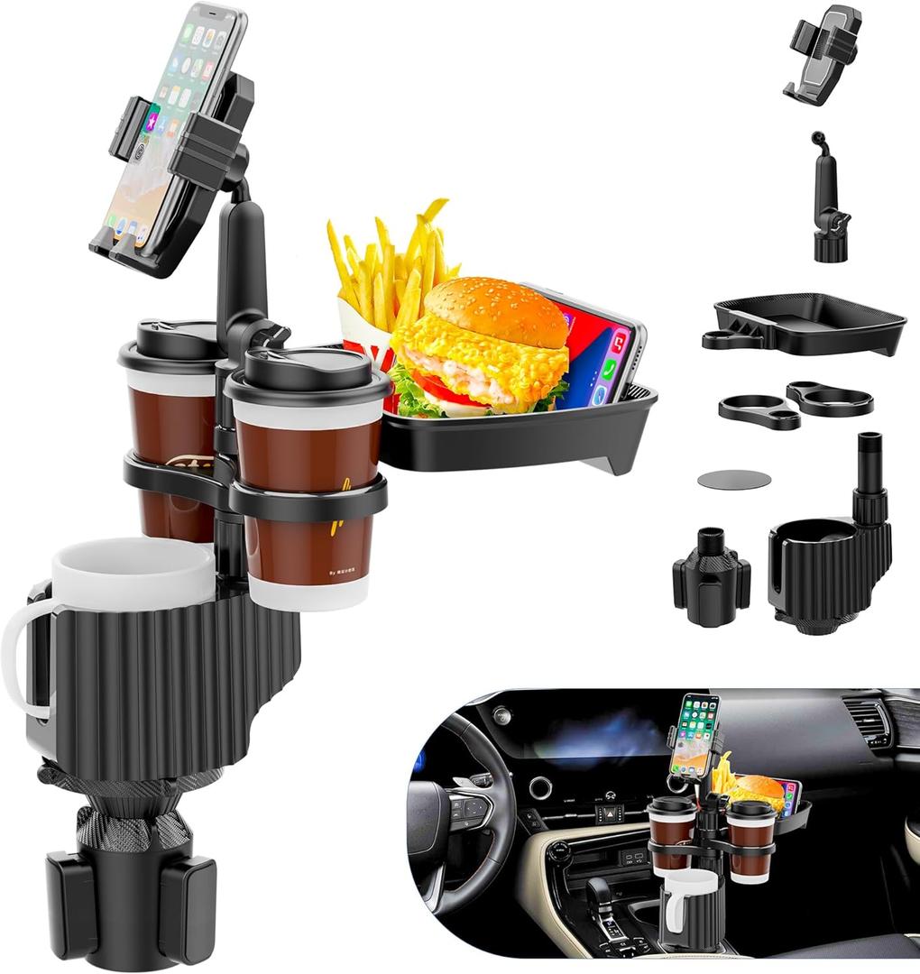 2024 Upgraded 6-in-1 Car Cup Holder - in with Food Tray Table with 2 Phone Holder, 360 Rotation, 3 Cup Holders, Road Trip & Car Traveling Essential Gadget (6-in-1)