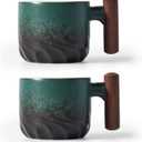 Ceramic Espresso Cups with Wooden Handle Espresso Shot Cups Ceramic Tea Cups Porcelain Demitasse Cups for Coffee or Tea, 2oz (green, 2) (2.7 Ounces)