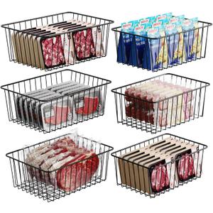 iSPECLE Freezer Organizer Bins - 6 Pack Stand Up Freezer Organizers for 16 Cu.Ft Upright Freezer, Storage Baskets for Meat & Veggies, Prevents Items Falling, Slide-Out Access, 3 Large 3 Medium, Black