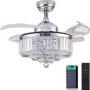 DuMaiWay 48" Dimmable Fandelier Crystal Ceiling Fan with Lights and Remote Modern Invisible Retractable Blades Chandelier Ceiling Fan Light Kit for Bedroom Living Room -Polished Chrome