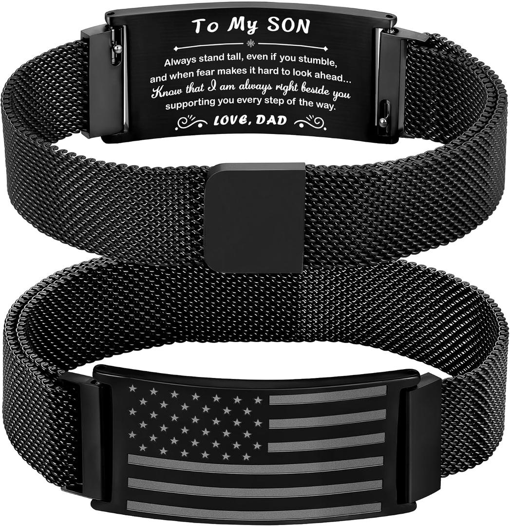 To My Son/Stepson/Son-in-Law Bracelet, Adjustable Stainless Steel American Flag Bracelet Christian Birthday Graduation Gifts Jewelry for Men Boys