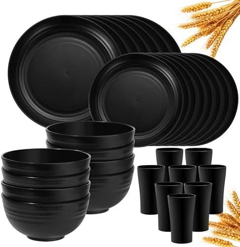 Klickpick Home 32 Pieces wheatstraw Dinnerware Set with 8 Each of Dinner Plates Desert Plates Cereal Salad Bowls Cups Unbreakable Modern Dinner Set for Microwave Dishwasher Safe Reusable Black