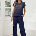 Women Two Piece Outfits Crochet Sheer Knit Sweater Top Wide Leg Pants Lounge Matching Sets Sweatsuit Travel Clothes