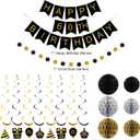 60th Birthday Decorations, Happy Birthday Banner with Honeycomb Balls, Gifts Hanging Swirl Streamers, Circle Dots Garland - Happy Birthday Party Decorations for Women Men (Black and Gold, 60th)