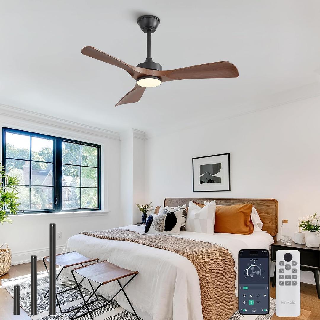 42 Inch Modern Ceiling Fan with Light and Remote & APP Control, ABS Ceiling Fan with 3 Blades and Downrods, Reversible Quiet DC Motor, Farmhouse Ceiling Fan for Bedroom Living Room Patio Porch