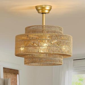 Boho Ceiling Fan with Light and Remote Rattan Chandelier Fan Enclosed Caged Fandelier Ceiling Fan with Light for BedroomNursery,Foyer,Kitchen(6 Speeds Three-Speed Timer Adjustment Height), 20inch