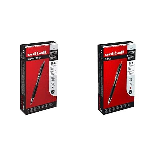 uni-ball 207 Retractable Gel Pens Medium Point, 0.7mm, Black, 12 Pack 207 Retractable Gel Pens Fine Point Micro Tip, 0.5mm, Red, 12 Pack
