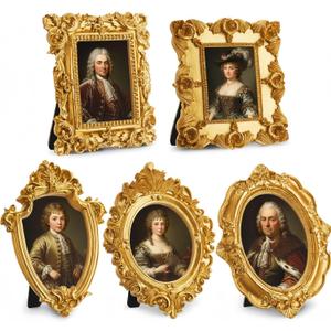 5 Pcs Vintage Mini Gold Frame Small Resin Baroque Picture Frames Antique with Paper Board and PVC Film Retro Photo Ornaments for Home Wedding Wall Display DIY Decoration (Elegant Style)