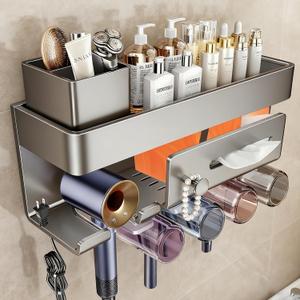 iumulinrui Wall Mounted Bathroom Organizer Shelf with Hair Dryer Holder  Aluminum Alloy Storage Rack for Makeup, Skincare, and Toiletries  No Drilling, Rustproof, Modern Design