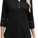 CiCiBird Womens 3/4 Sleeve Blouses Casual Button V Neck Shirt 2025 Trendy Tops (Black, L)
