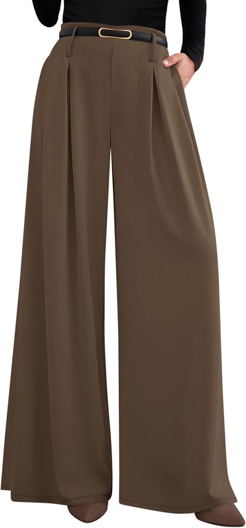 PRETTYGARDEN Womens Wide Leg Trousers 2026 Elastic High Waisted Dress Pants Pleated Slacks Flowy Business Work Palazzo Pants (Medium Long, Light Brown)