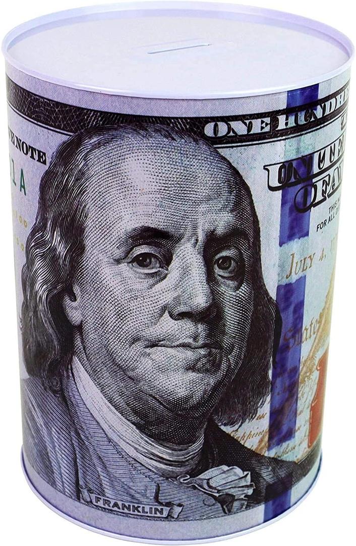 $100 Dollar Bill Piggy Bank 5 7/8" Tall Coin Saving Money Currency Benjamin Franklin Tin Can Banknote Jar (1 Pack, 7 1/4" X 4 3/4")