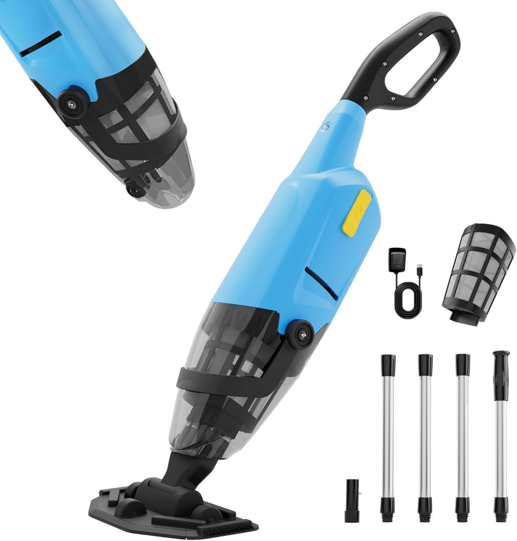 Pool Vacuum Above Ground Pool  60min Runtime & 4-Section Aluminum Pole, Powerful Suction, Lightweight Cordless Handheld Rechargeable Pool Cleaner with 120m Fine Filter (Blue)
