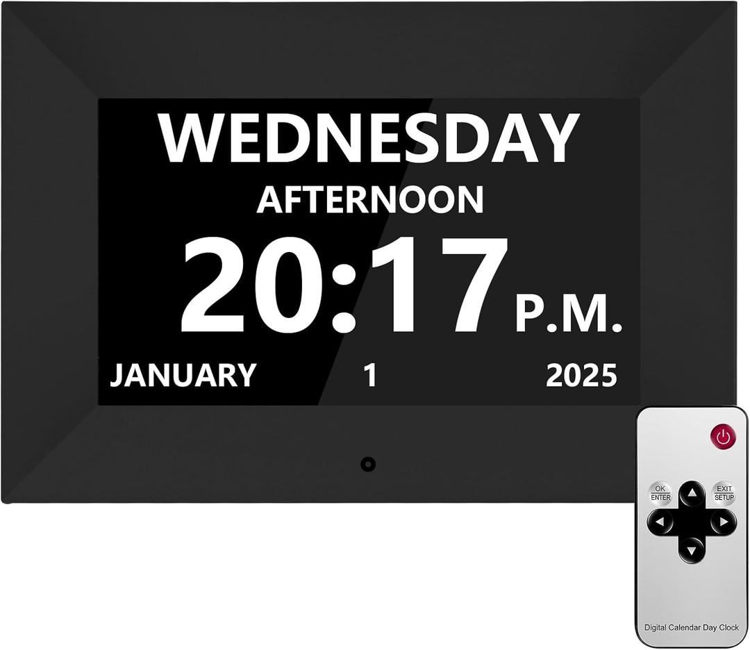 Bgift 7 Inch Digital Alarm Clock with Date and Day of Week for Seniors-12 Alarms 20 Reminder Digital Calendar Auto Dimmable Perfect for Elderly (Black)