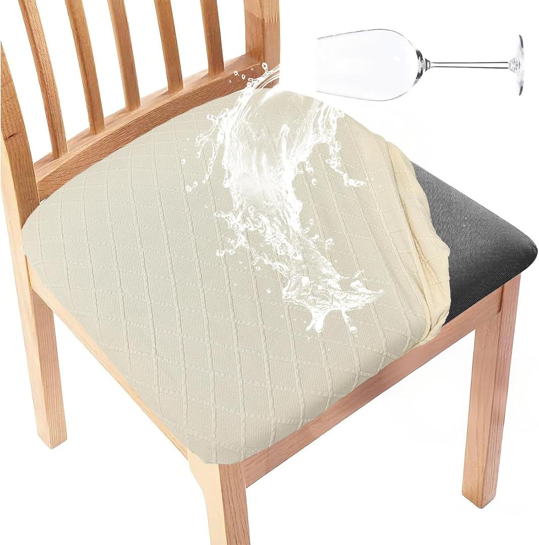 Gute Chair Seat Covers, Dining Room Chair Seat Covers with Ties, Stretch Jacquard Chair Covers Protectors for Dining Room Kitchen Chairs - 4 Pcs, Rhombic-Beige