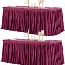 2 Packs Burgundy Polyester Table Clothes for 8 Foot Rectangle Tables, Wrinkle Free Fitted Table Cover 8ft Stretch Tablecloths with Skirt for Parties Weddings Birthday Banquet Baby Shower