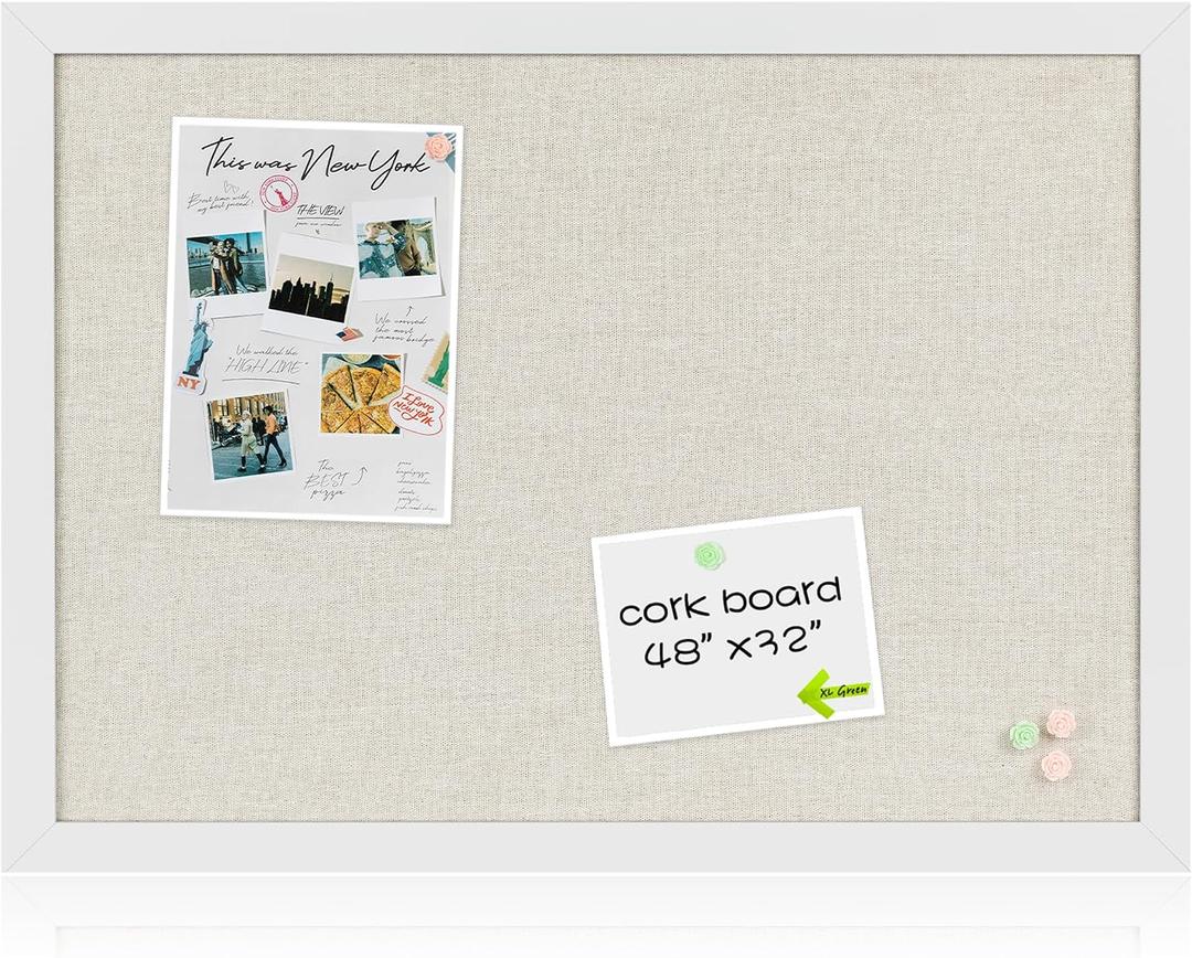 Farmhouse Linen Cork Bulletin Board 48 x 32, White Wood Framed 4 x 3 Corkboard, Office Board for Wall Decor, Large Pin Board Picture Board with 20 Pushpins for School, Home & Office