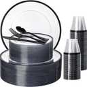 N9R 600PCS Clear and Black Disposable Plates Set, Heavy Duty Plastic Dinnerware Set for 100 Guests Includes 100 Dinner & Dessert Plates, Cups, Spoons, Forks, and Knives, Perfect for Parties, Weddings