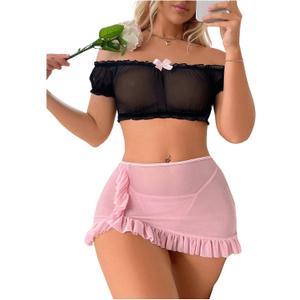 SOLY HUX Sexy Lingerie Set for Women Sheer Mesh Off Shoulder Bra Panty Ruffle Skirts 3 Piece Sets (Small, Black and Pink)