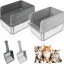2 Pack Kitty Stainless Steel Litter Box, Large Rabbit Litter Box with Scoop, Small Animal Toilet for Kitten, Rabbit, Guinea Pigs, Hamster(Dark Grey & Light Grey)