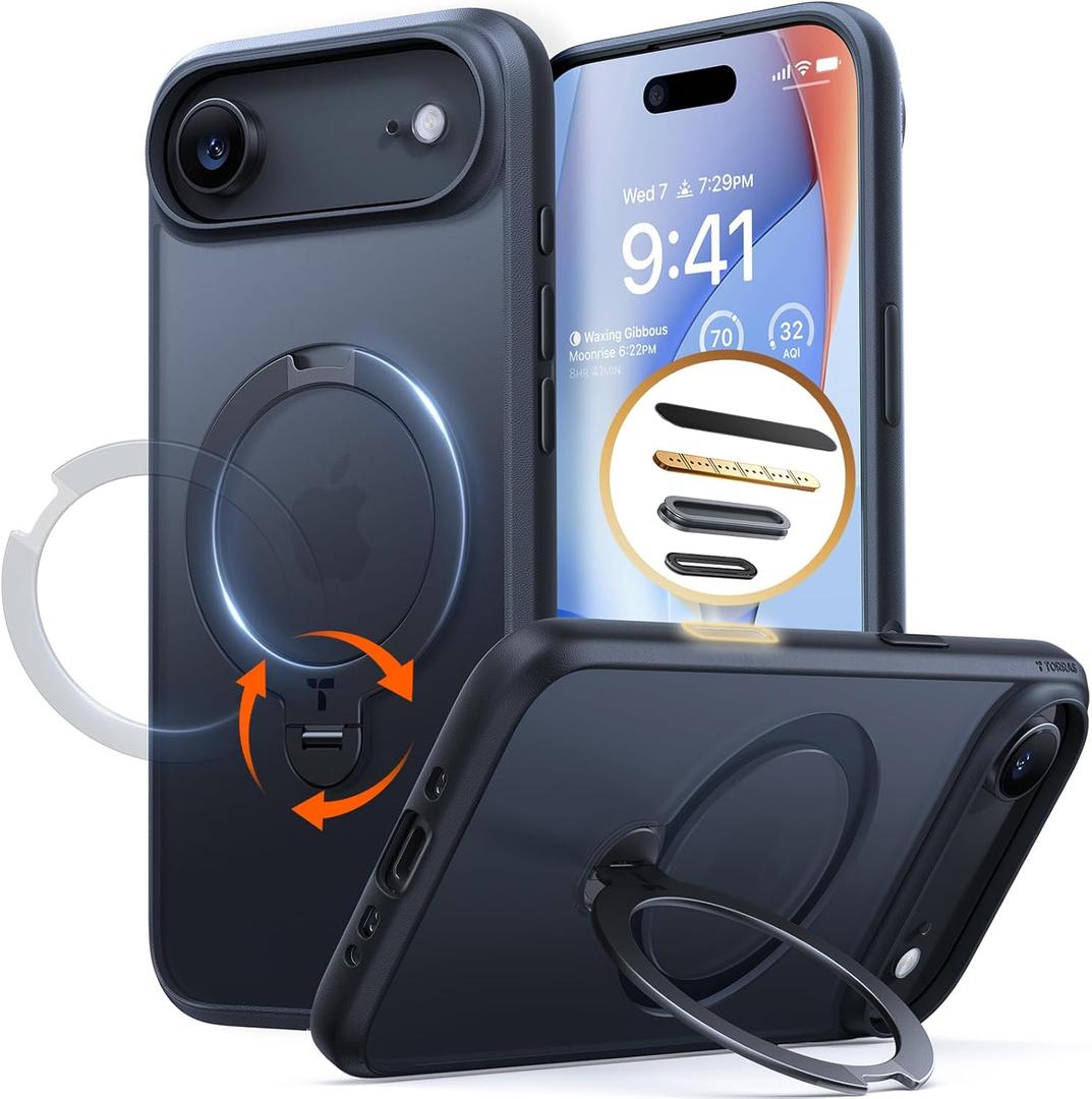 TORRAS Q3 Spin for iPhone Air Case, Patented 360 Magnetic Stand, Fit for MagSafe, Built-in Ring Holder Kickstand, Rugged Military-Grade Protective Case for iPhone 17 Air, Camera Control Button, Black