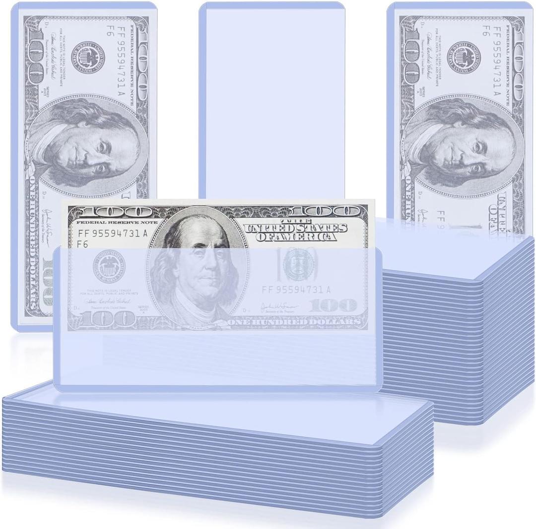 Vmiapxo 50 Pack Dollar Bill Sleeves, 6.8" x 2.9" Clear Currency Sleeve for Cash, Hard Plastic Top-Load Money Holder, Transparent & Waterproof Regular Bills Protector Storage Display Case for Collector
