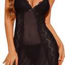 PITINAN Lingerie Sets for Women Sexy Lace-up Back Slip Nightgowns Sexy Pajamas for Women Mesh Sleepwear XL Black