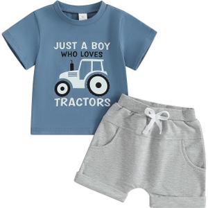Baby Boy Cute Letter Short Sleeve Shirt Top Elastic Waist Shorts Toddler Summer Outfits (Blue Just A Boy Who Loves Tractors, 6-12 Months)