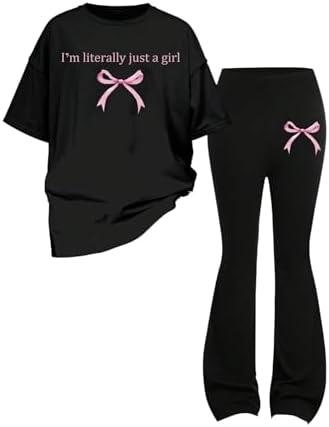 Verdusa Girl's 2 Piece Bowknot Outfits Short Sleeve Graphic Tees with Flare Pants Set,Size 8Y
